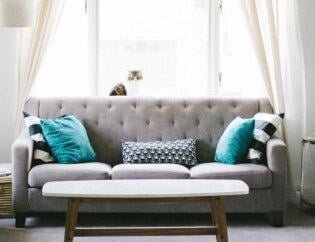 A deep clean sofa with some pillows on it and a table in a room