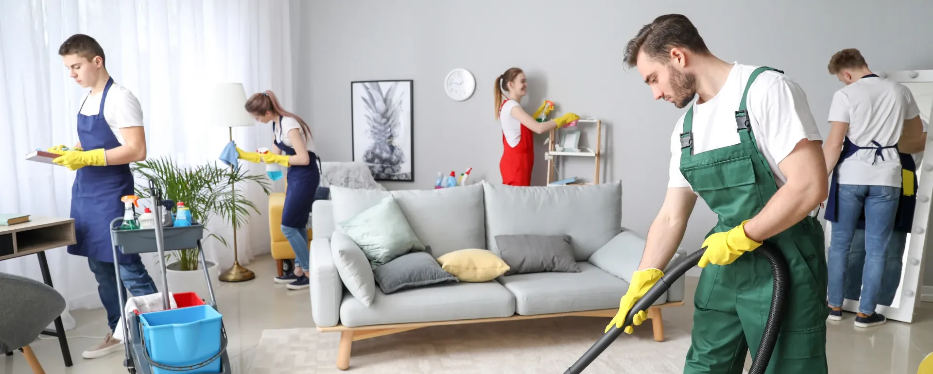 Professional Furniture Cleaning - Kingston End of Tenancy Cleaning Service Female professional cleaner from cleaning company Kingston using spray bottle for furniture cleaning during end of tenancy service
