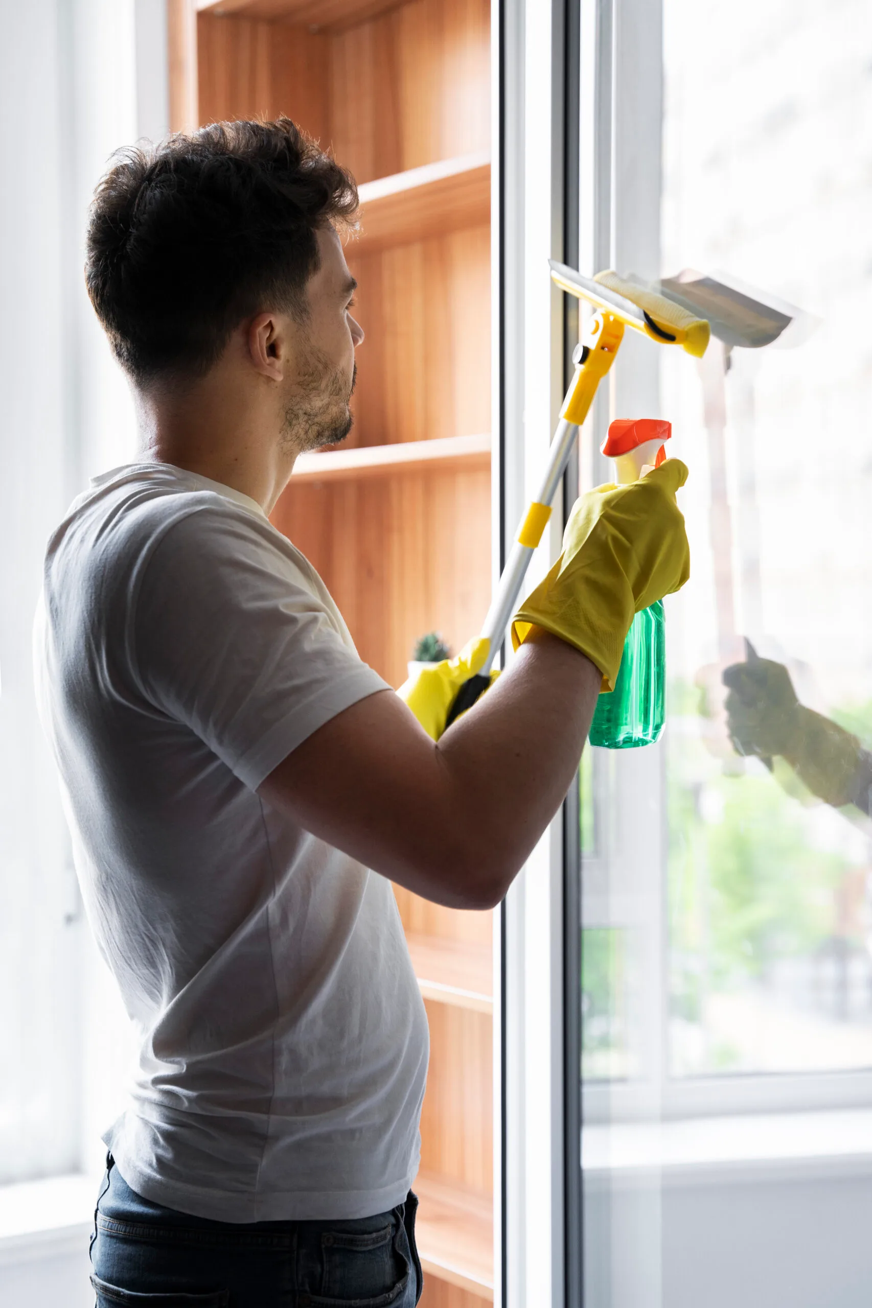 Professional commercial cleaning team in London office building cleaning glass surfaces and floors with industrial equipmentProfessional commercial cleaning team in London office building cleaning glass surfaces and floors with industrial equipment